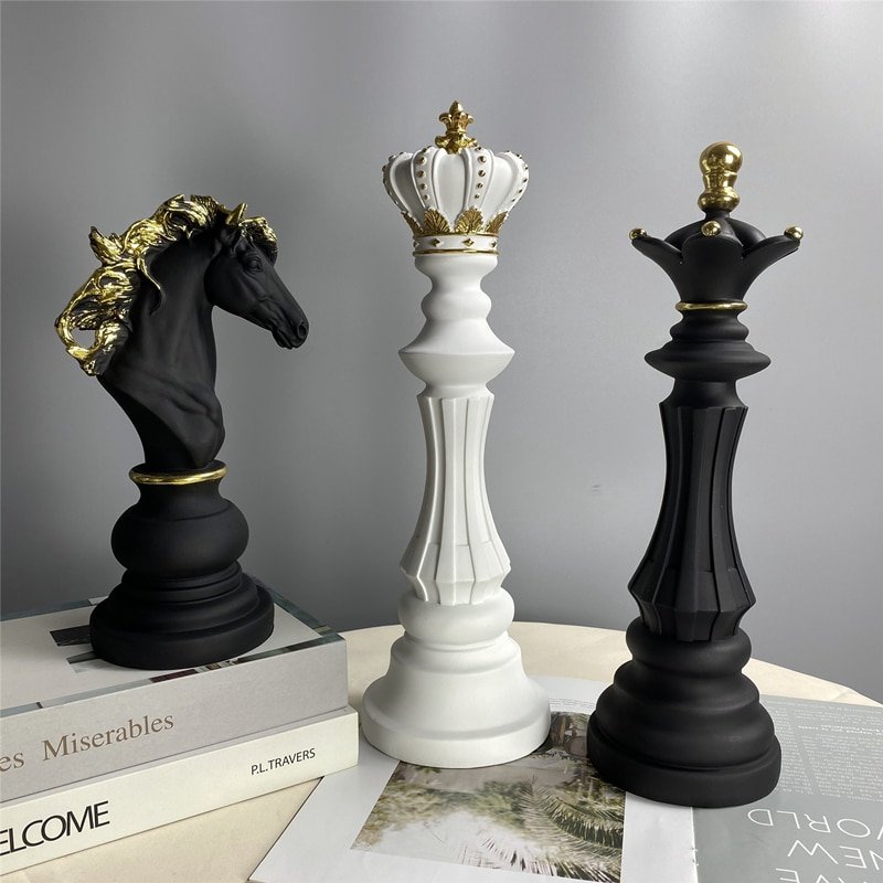 Decoração Peças De Xadrez Preto Rei Rainha E Cavalo Escultura